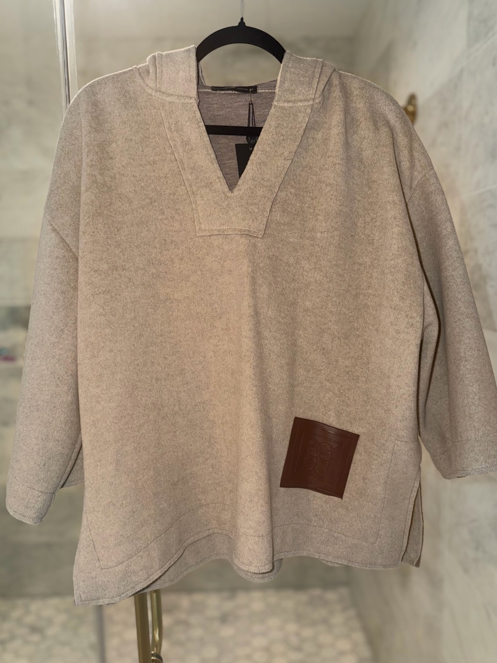 NWT Purificacion Garcia Beige Hooded V-Neck Sweater Poncho